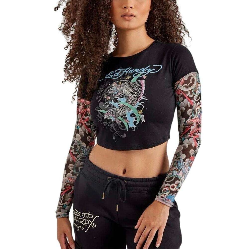 Ed Hardy Oni Koi Mesh Sleeve Cropped Tee - L